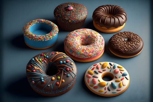 seven glazed donuts, neural network generated art. Digitally generated image. Not based on any actual scene or pattern.
