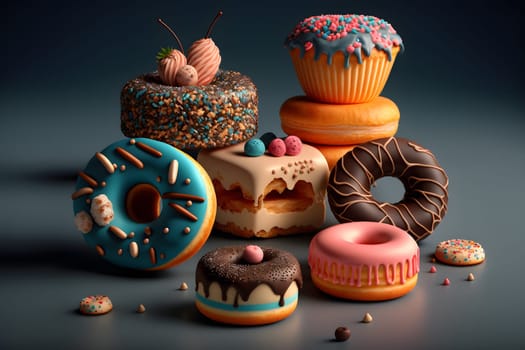 many glazed donuts and cake, neural network generated art. Digitally generated image. Not based on any actual scene or pattern.