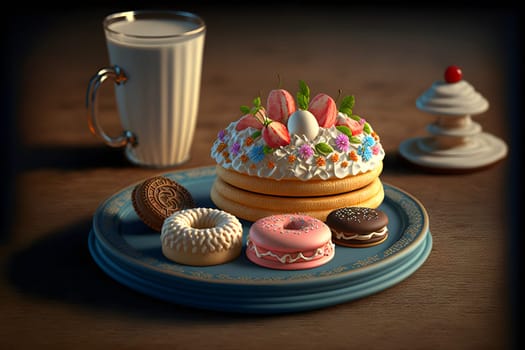 cup of milk and glazed donuts on table, neural network generated art. Digitally generated image. Not based on any actual person, scene or pattern.