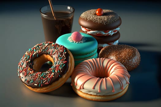 cup of coffee and glazed donut on table, neural network generated art. Digitally generated image. Not based on any actual person, scene or pattern.