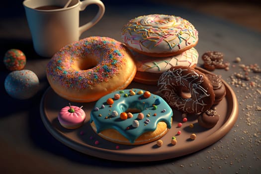 cup of coffee and glazed donut on table, neural network generated art. Digitally generated image. Not based on any actual person, scene or pattern.