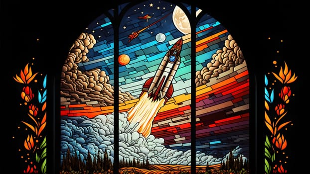 rocket launch, center composition, style of stained glass, neural network generated art. Digitally generated image. Not based on any actual person, scene or pattern.