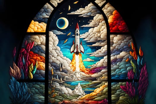 rocket launch, center composition, style of stained glass, neural network generated art. Digitally generated image. Not based on any actual person, scene or pattern.