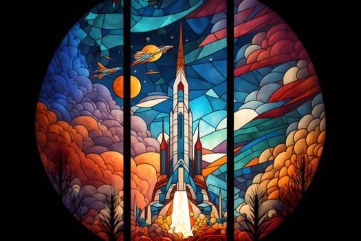 rocket launch, center composition, style of stained glass, neural network generated art. Digitally generated image. Not based on any actual person, scene or pattern.