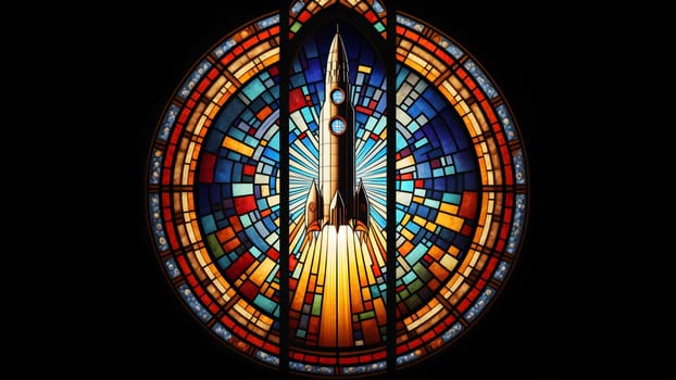 rocket launch, center composition, style of stained glass, neural network generated art. Digitally generated image. Not based on any actual person, scene or pattern.