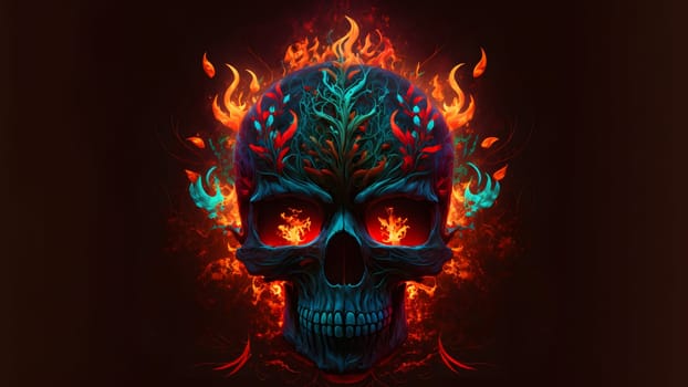 burning scull on black background, neural network generated art. Digitally generated image. Not based on any actual person, scene or pattern.