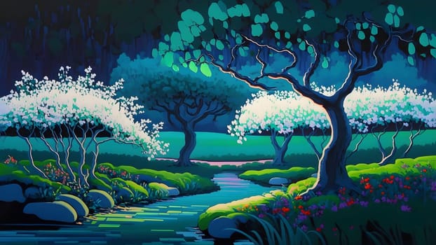 artistic 2d painting of spring landscape with blooming trees and small river, neural network generated art. Digitally generated image. Not based on any actual person, scene or pattern.