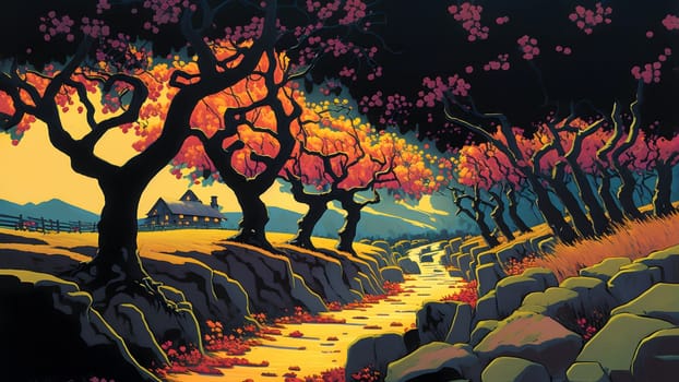 artistic 2d painting of autumn landscape with alley of trees with distant farm house on horizon, neural network generated art. Digitally generated image. Not based on any actual scene or pattern.