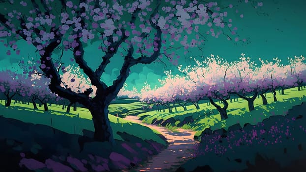 artistic 2d painting of spring blooming tree garden at daytime, neural network generated art. Digitally generated image. Not based on any actual person, scene or pattern.