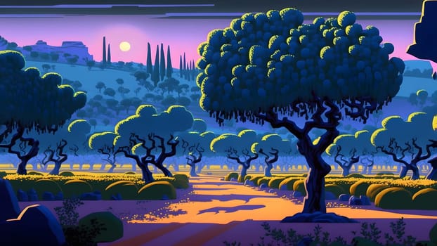 moody artistic 2d painting of mediterranean garden landscape at rising moon or sun lightr, neural network generated art. Digitally generated image. Not based on any actual person, scene or pattern.