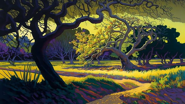 beautiful artistic 2d painting of summer landscape with old trees garden with footpath between them, neural network generated art. Digitally generated image. Not based on any actual scene or pattern.