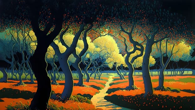 stylish artistic 2D painting of autumn tree garden, neural network generated art. Digitally generated image. Not based on any actual scene or pattern.