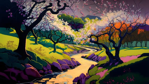 artistic 2d painting of spring landscape with blooming trees and small river, neural network generated art. Digitally generated image. Not based on any actual person, scene or pattern.