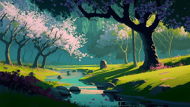 artistic 2d painting of spring landscape with blooming trees and small river, neural network generated art. Digitally generated image. Not based on any actual person, scene or pattern.