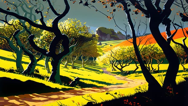 beautiful artistic 2d painting of summer landscape with old trees garden with footpath between them, neural network generated art. Digitally generated image. Not based on any actual scene or pattern.