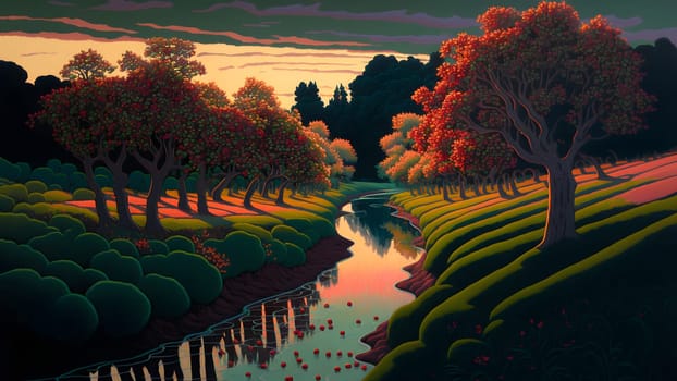 artistic 2d painting of evening landscape with autumnal trees on banks of small river, neural network generated art. Digitally generated image. Not based on any actual scene or pattern.