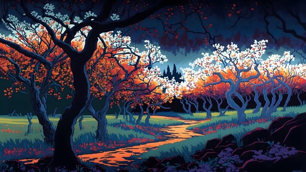 artistic 2d painting of spring blooming tree garden at night, neural network generated art. Digitally generated image. Not based on any actual person, scene or pattern.