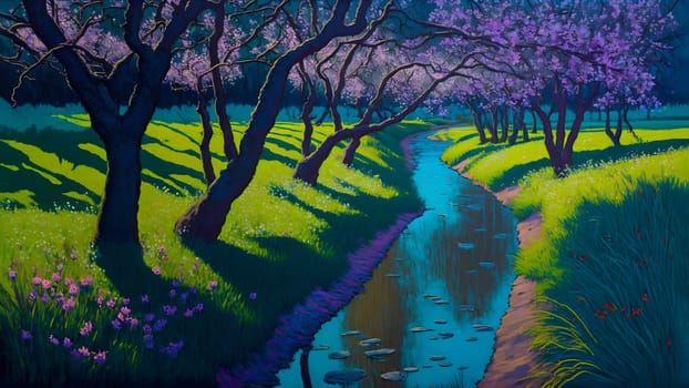 artistic 2d painting of spring landscape with blooming trees and small river, neural network generated art. Digitally generated image. Not based on any actual person, scene or pattern.