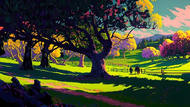 artistic painting of sunny landscape with old trees, footpath and group of people near rustic fence, neural network generated art. Digitally generated image. Not based on any actual scene or pattern.