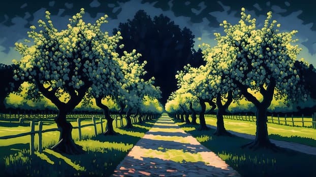 artistic 2d painting of spring blooming tree garden, neural network generated art. Digitally generated image. Not based on any actual person, scene or pattern.