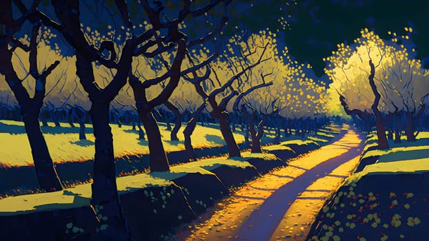 stylish artistic 2D painting of autumn tree garden, neural network generated art. Digitally generated image. Not based on any actual scene or pattern.
