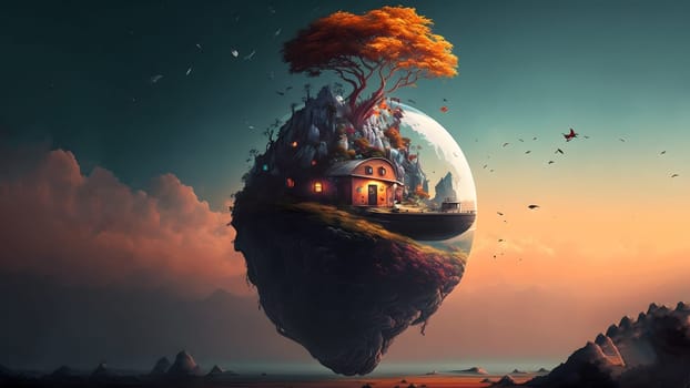 surreal magic fantasy world with house and tree on flying island above evening sea shore landscape, neural network generated art. Digitally generated image. Not based on any actual scene or pattern.