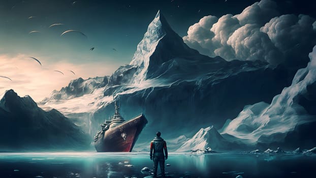 Large icebreaker ship in wild harbor under mountain in front of human figure at foreground, generated with neural network in spring 2023. Not based on any actual person, scene or pattern.
