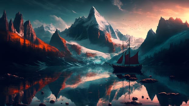 most beautiful landscape with sail boat on lake in front of snow covered mountain peak, neural network generated art. Digitally generated image. Not based on any actual person, scene or pattern.