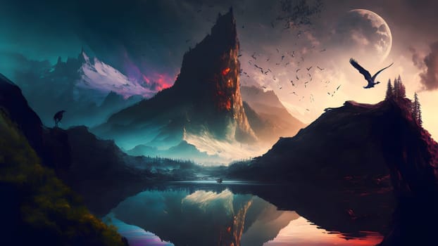 fantastic extraterrestrial rocky seashore landscape with close planetoid in the sky, neural network generated in spring 2023. Not based on any actual scene or pattern.