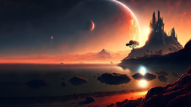 extraterrestrial landscape of seashore with castle on rocks and close large planetoids in sunrise sky. Generated with neural network in spring 2023. Not based on any actual person, scene or pattern.