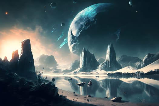 fantastic extraterrestrial rocky seashore landscape with close planetoid in the sky, neural network generated in spring 2023. Not based on any actual scene or pattern.