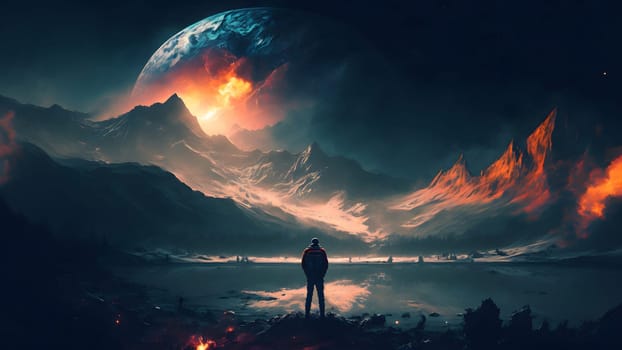 alone human silhouette standing in extraterrestrial rocky seashore landscape at sunrise or sunset, neural network generated in spring 2023. Not based on any actual person, scene or pattern.