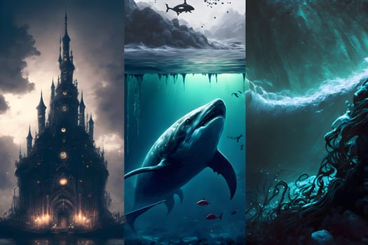 magic dreamy surreal fantasy world wallpapers divided in three vertical stripes as a triptychr. Generated with neural network in spring 2023. Not based on any actual person, scene or pattern.