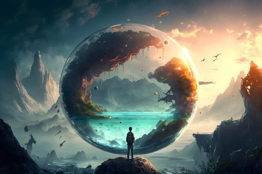 human figure in front of thansparent space distortion bubble anomaly in foggy high mountains landscape, image generated with neural network in spring 2023. Not based on any actual scene or pattern.