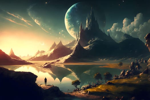 human figure standing on the rock in front of mountain lake, extraterrestrial summer landscape. Generated with neural network in spring 2023. Not based on any actual person, scene or pattern.