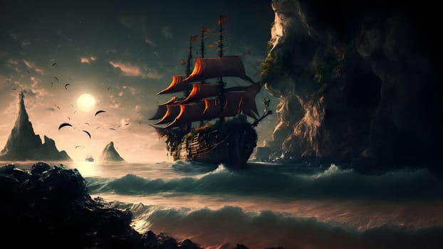 abandoned wooden sail ship under cliff near beach at sunset, fantastic wallpaper. Generated with neural network in spring 2023. Not based on any actual scene or pattern.