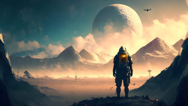 alone human in space suit standing in extraterrestrial rocky valley landscape at sunrise with close planetoid moon in the sky, neural network generated in spring 2023.