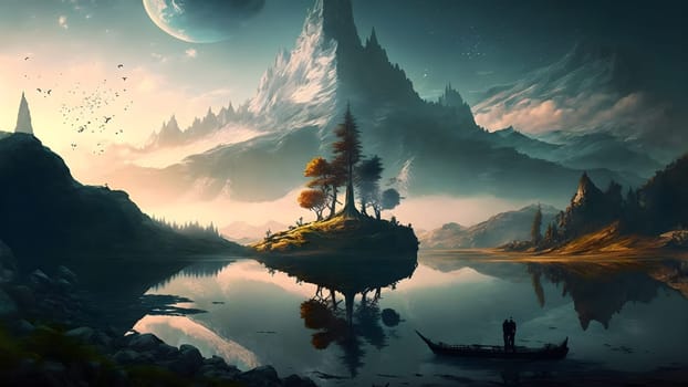 beautiful landscape with boat near island on lake in front of snow covered mountain peak, neural network generated art. Digitally generated image. Not based on any actual person, scene or pattern.