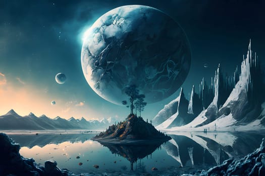 beautiful landscape with island on still highland lake in front of close planetoid in the sky, neural network generated art. Digitally generated image. Not based on any actual scene or pattern.