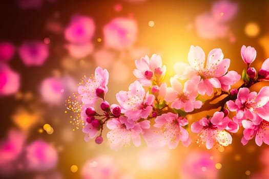 closeup view of blooming cherry or sakura with selective focus, bokeh and artistic light, neural network generated art. Digitally generated image. Not based on any actual person, scene or pattern.
