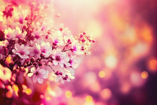 closeup view of blooming cherry or sakura with selective focus, bokeh and artistic light, neural network generated art. Digitally generated image. Not based on any actual person, scene or pattern.