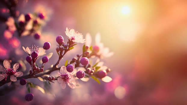 closeup view of blooming cherry or sakura with selective focus, bokeh and artistic light, neural network generated art. Digitally generated image. Not based on any actual person, scene or pattern.