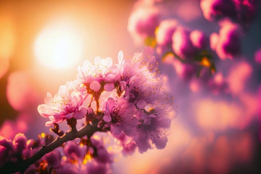 closeup view of blooming cherry or sakura with selective focus, bokeh and artistic light, neural network generated art. Digitally generated image. Not based on any actual person, scene or pattern.