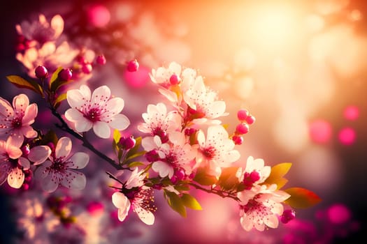 closeup view of blooming cherry or sakura with selective focus, bokeh and artistic light, neural network generated art. Digitally generated image. Not based on any actual person, scene or pattern.
