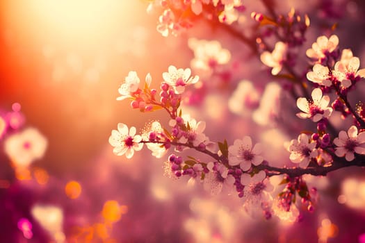 closeup view of blooming cherry or sakura with selective focus, bokeh and artistic light, neural network generated art. Digitally generated image. Not based on any actual person, scene or pattern.