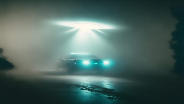 alien abduction on a highway, flying UFO saucer over car at foggy night road with wide beam of light, neural network generated in spring 2023. Not based on any actual scene or pattern.