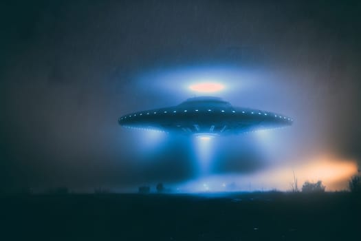 flying UFO saucer type spacecraft over wild field at foggy night with beams of light underneath, neural network generated in spring 2023. Not based on any actual scene or pattern.