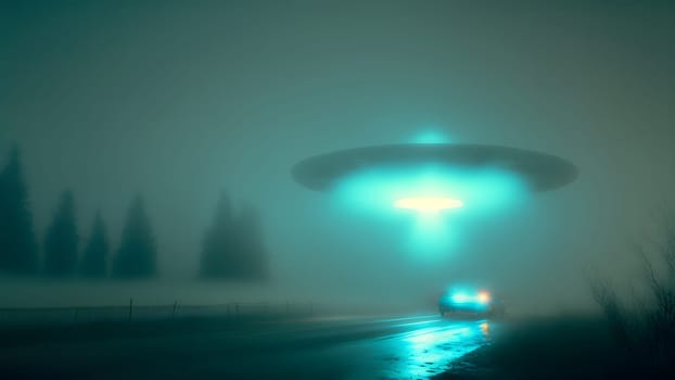 alien abduction on a highway, flying UFO saucer over car at foggy night road with wide beam of light, neural network generated in spring 2023. Not based on any actual scene or pattern.