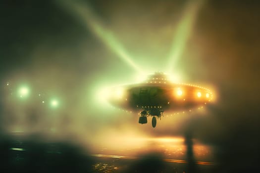 flying UFO saucer in foggy night over road with wide orange beam of light, neural network generated in spring 2023. Not based on any actual scene or pattern.