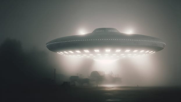 alien abduction concept, flying UFO saucer over country structures at foggy night with wide beams of light, neural network generated in spring 2023. Not based on any actual scene or pattern.